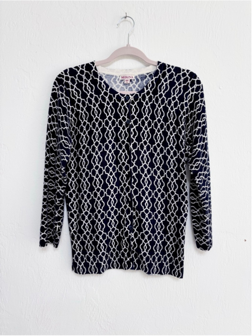 Women's MERONA Navy White Patterned Cardigan M Cotton blend